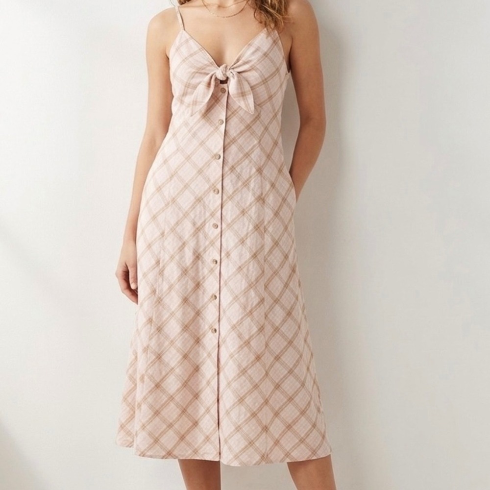 A New Day Pink Plaid Tie Front Button Down Midi Dress Pockets Large NEW